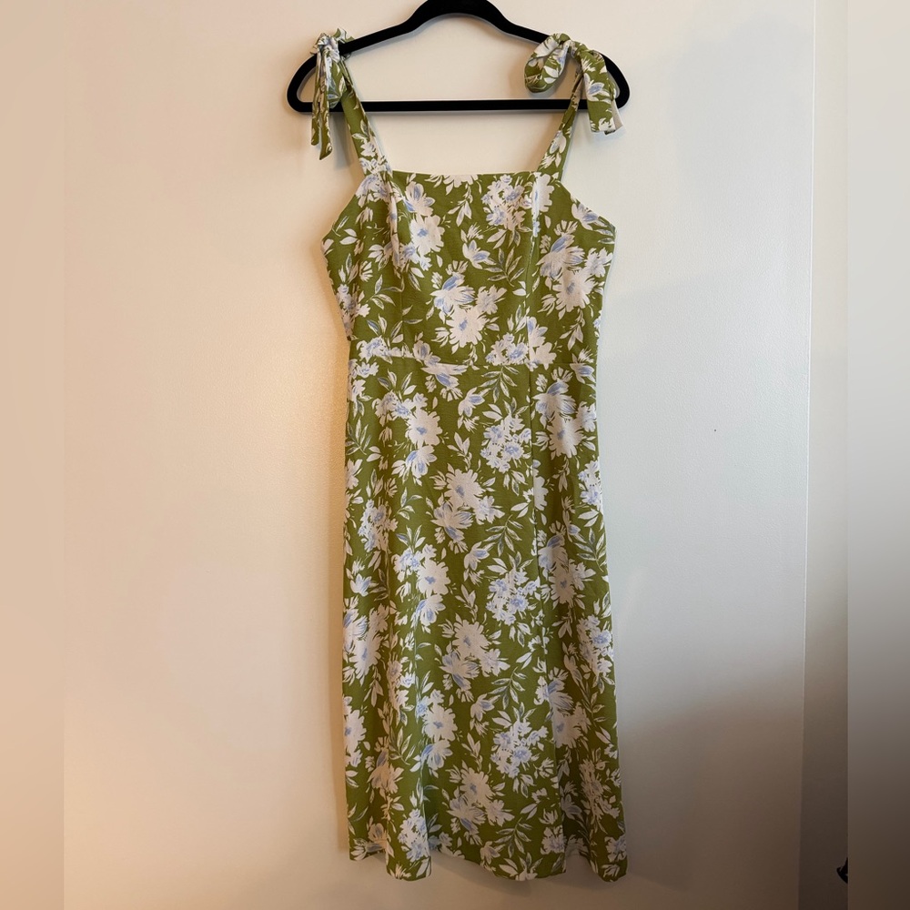 Olive Green Floral Tie-Shoulder Midi Dress